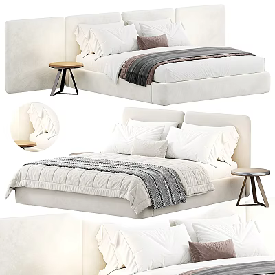 Modern Upholstered Double Bed With White Pillows Striped Blanket And Wooden Side Table 3d model