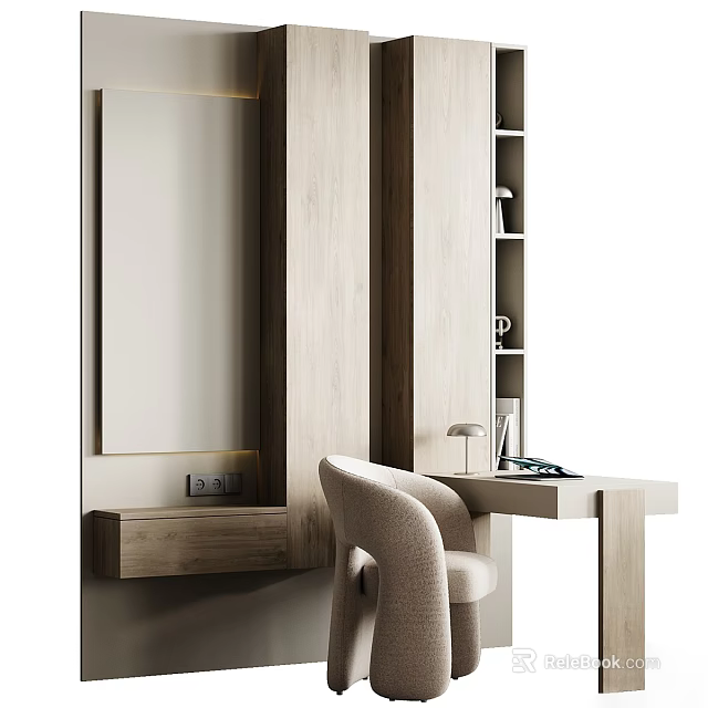 Modern Wooden Desk With Chair Table Lamp Bookshelf And Wall Mirror 3d model 