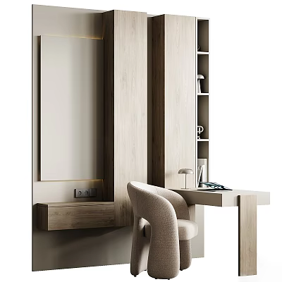 Modern Wooden Desk With Chair Table Lamp Bookshelf And Wall Mirror 3d model