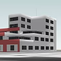 Red Modern Multistory Office Building With Large Windows And Front Tree