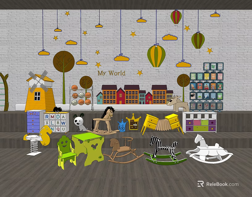 Mr World Colorful Building Blocks With Windmill Small Houses Rocking Horses And Balloons 3d model 