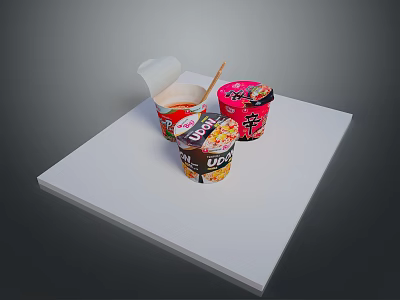 Various Cup Noodles With Open Lid And Spoon On White Platform As Everyday Household Items 3d model