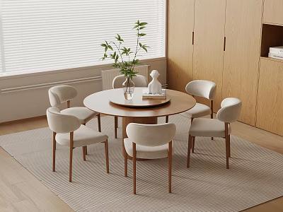 Modern Minimalist Dining Set With Round Table Light Upholstered Chairs And Wooden Cabinets 3d model