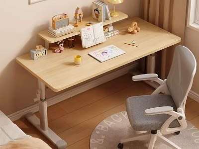 Wooden Adjustable Desk with Gray Chair Books and Stationery in Bedroom 3d model
