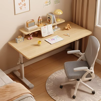Wooden Adjustable Desk with Gray Chair Books and Stationery in Bedroom 3d model