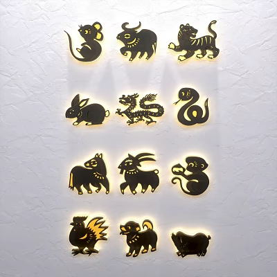 Decorative Chinese Zodiac Animal Sculpture Carvings With Golden Outline Silhouette For Wall Decor 3d model