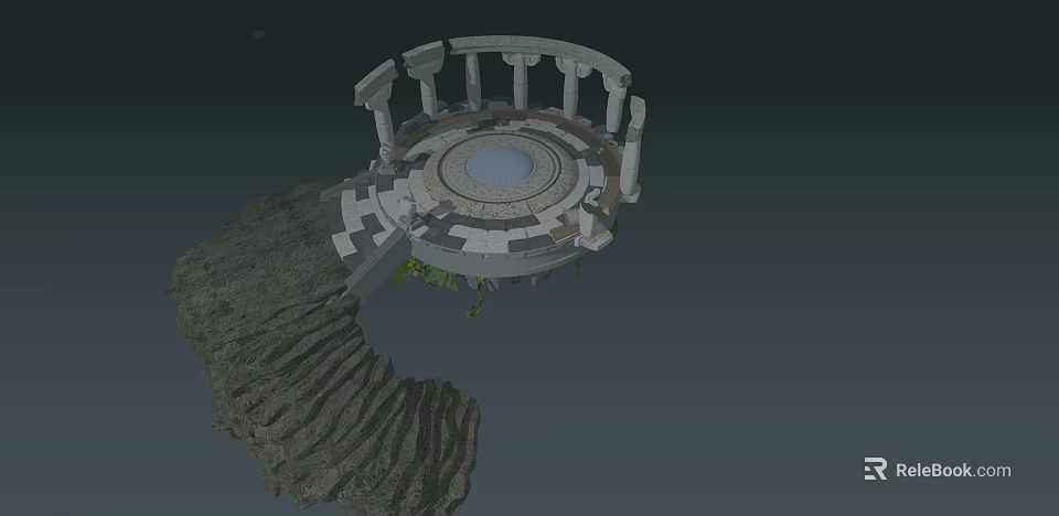 Spiral Staircase Leading To Circular Stone Platform With Columns And Green Plants 3d model 