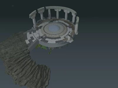 Spiral Staircase Leading To Circular Stone Platform With Columns And Green Plants 3d model