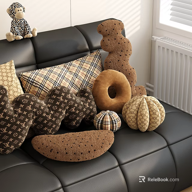 Cute Decorative Pillows With Various Shapes And Patterns On Black Sofa 3d model 