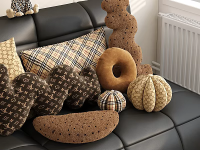 Cute Decorative Pillows With Various Shapes And Patterns On Black Sofa 3d model