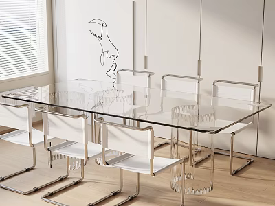 Modern Glass Dining Table Set with White Metal Frame Chairs and Hanging Lights 3d model