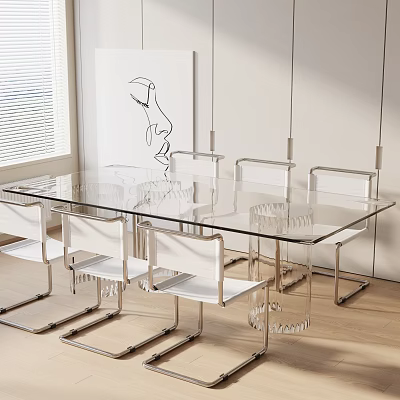 Modern Glass Dining Table Set with White Metal Frame Chairs and Hanging Lights 3d model