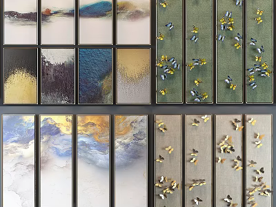 Modern Textured Abstract Paintings Wall Art Decor With Gold Blue Hues And Framed Design 3d model