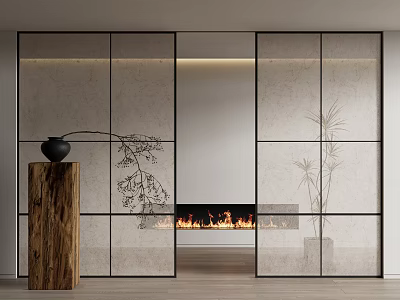 Modern Glass Room Divider With Black Frame Fireplace Decorative Branch Pattern And Wooden Floor 3d model