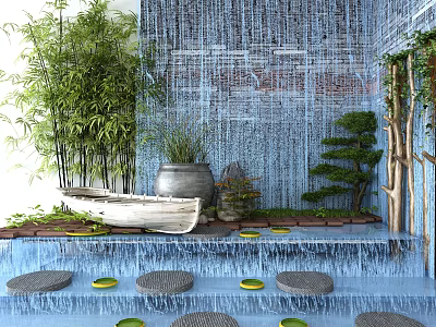 Garden Decorative Scene With Bamboo Plants Pottery Pot Small Boat Rockery And Stone Path 3d model