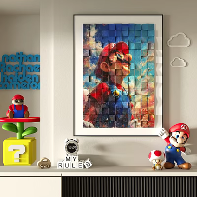 Mario Character Portrait Art With Pixel Mosaic Design And Game Decor Elements 3d model