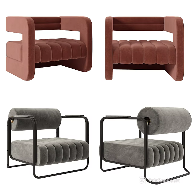 Pink Brown Grey Modern Accent Chairs With Velvet Pleated Cushions Metal Frame 3d model 