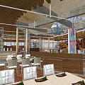Modern Restaurant Interior Design With Colorful Chandeliers Wooden Decor And Curved Seating