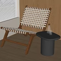 Leisure Chair With Woven Pattern Wooden Frame And Side Table Glass Bottle Indoor Wooden Floor
