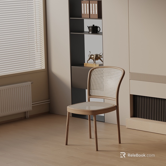 Minimalist Modern Rattan Leisure Chair with Wooden Frame Near Blinds Shelf and Fireplace 3d model 