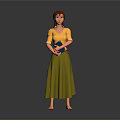 3D Female Character In Yellow Top And Green Long Skirt Holding Book Against Gray Background