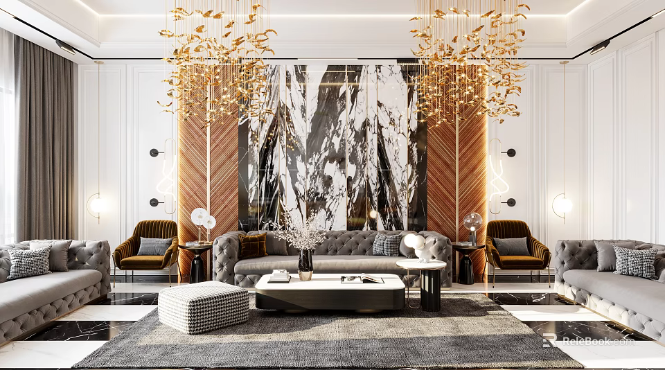 Luxurious Modern Living Room Interior With Gold Chandeliers Large Marble Art And Comfortable Sofa 3d model 