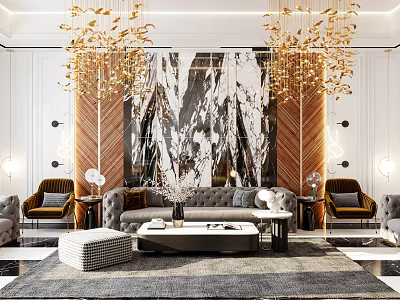 Luxurious Modern Living Room Interior With Gold Chandeliers Large Marble Art And Comfortable Sofa 3d model