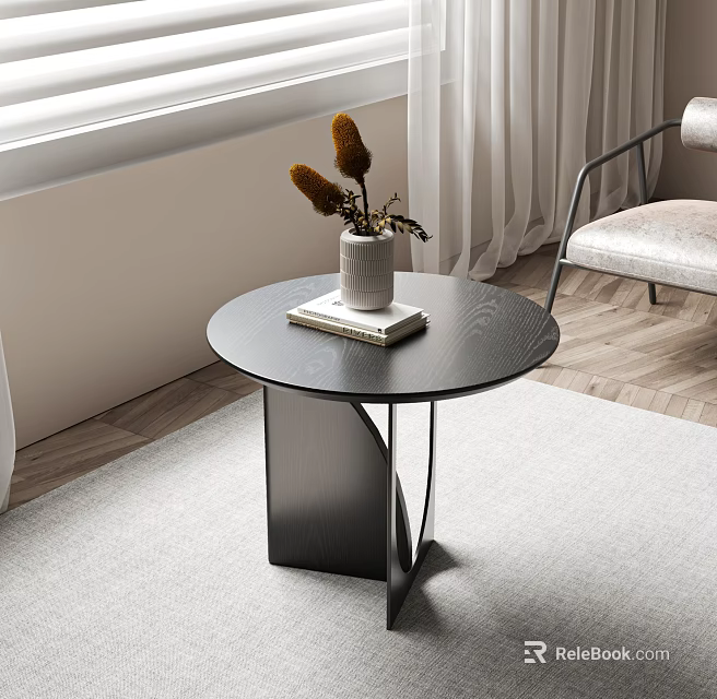 Black Round Coffee Table With Wooden Top Geometric Base White Vase Dried Flowers Modern 3d model 