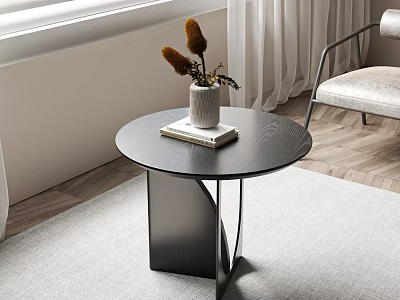 Black Round Coffee Table With Wooden Top Geometric Base White Vase Dried Flowers Modern 3d model