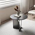 Black Round Coffee Table With Wooden Top Geometric Base White Vase Dried Flowers Modern