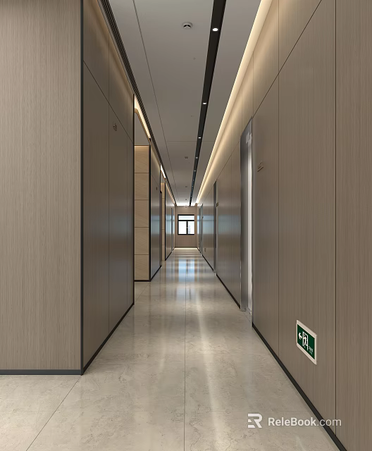 Modern Office Corridor Featuring Wooden Walls Sleek Flooring Linear Ceiling Lights Elevators And EXIT Sign 3d model 