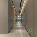 Modern Office Corridor Featuring Wooden Walls Sleek Flooring Linear Ceiling Lights Elevators And EXIT Sign