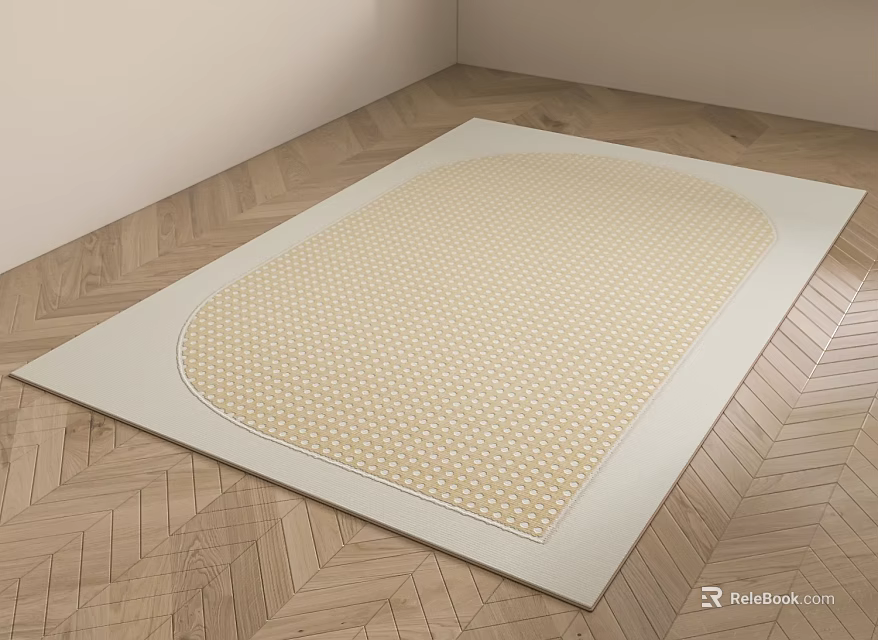 Square Cream Rug With Polka Dot Pattern And Border On Herringbone Wooden Floor 3d model 