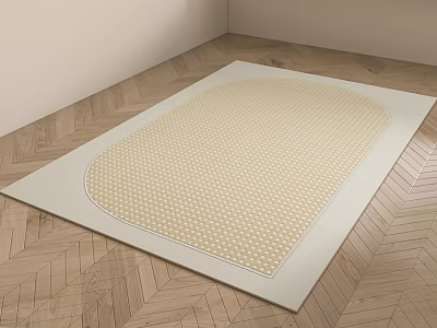 Square Cream Rug With Polka Dot Pattern And Border On Herringbone Wooden Floor 3d model