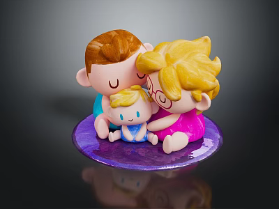 Family Dolls With Brown And Blonde Hair Sitting On Purple Base In Blue Pink Outfits 3d model
