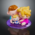 Family Dolls With Brown And Blonde Hair Sitting On Purple Base In Blue Pink Outfits