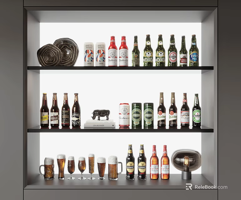 Collection Of Various Wine Bottles And Beer Glasses On Shelves 3d model 