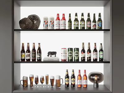 Collection Of Various Wine Bottles And Beer Glasses On Shelves 3d model