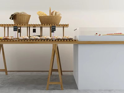 Bakery Display Shelves With Woven Baskets And Fresh Bread On Wooden Counter 3d model