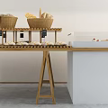 Bakery Display Shelves With Woven Baskets And Fresh Bread On Wooden Counter