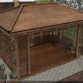 Traditional Wooden Roof Pavilion In Walled Garden With Lawn Steps And Trees