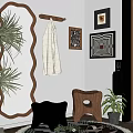 Stylish Entryway With Wavy Mirror Coat Rack Knitted Sweater Artworks Wooden Stool And Green Plants