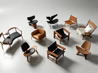 Various Modern Single Chairs With Wooden Frames And Different Upholstery Fabrics 3d model