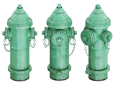 Vintage Green Fire Hydrants With Chain Details For Fire Safety Equipment 3d model