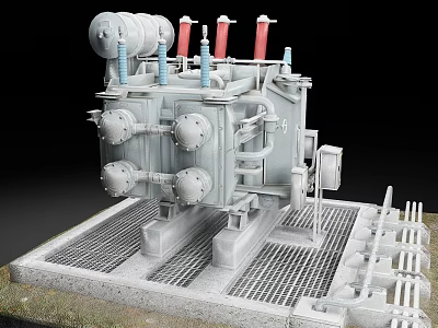 Industrial Equipment Featuring Metal Casing Top Cylindrical Components Red Insulators And Grating Platform Base 3d model