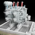 Industrial Equipment Featuring Metal Casing Top Cylindrical Components Red Insulators And Grating Platform Base