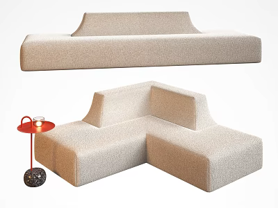 Modern Beige Fabric Sectional Sofa With L Shaped And Straight Design And Side Table Lamp 3d model