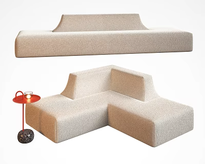 Modern Beige Fabric Sectional Sofa With L Shaped And Straight Design And Side Table Lamp 3d model