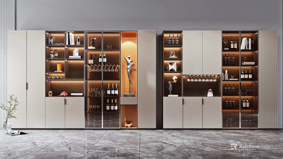 Elegant Modern Wine Cabinet Interior With Glass Doors Wine Bottles And LED Lighting 3d model 