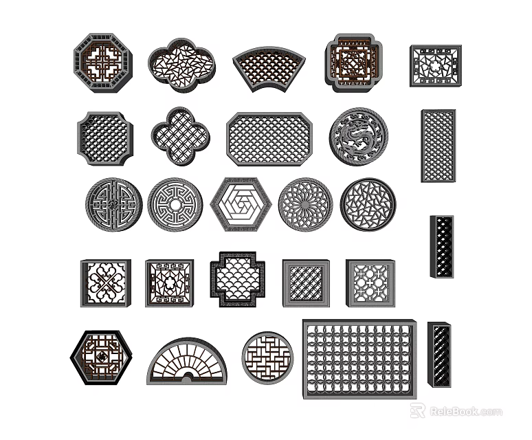 Traditional Lattice Windows With Various Intricate Carved Patterns And Different Shapes 3d model 